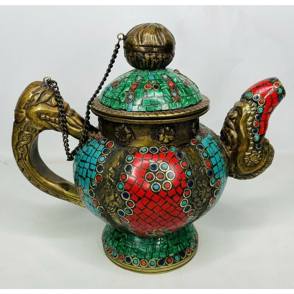 India Tibetan Buddhist Monastery Kettle Tea Pot Brass Copper with‎ Inlay